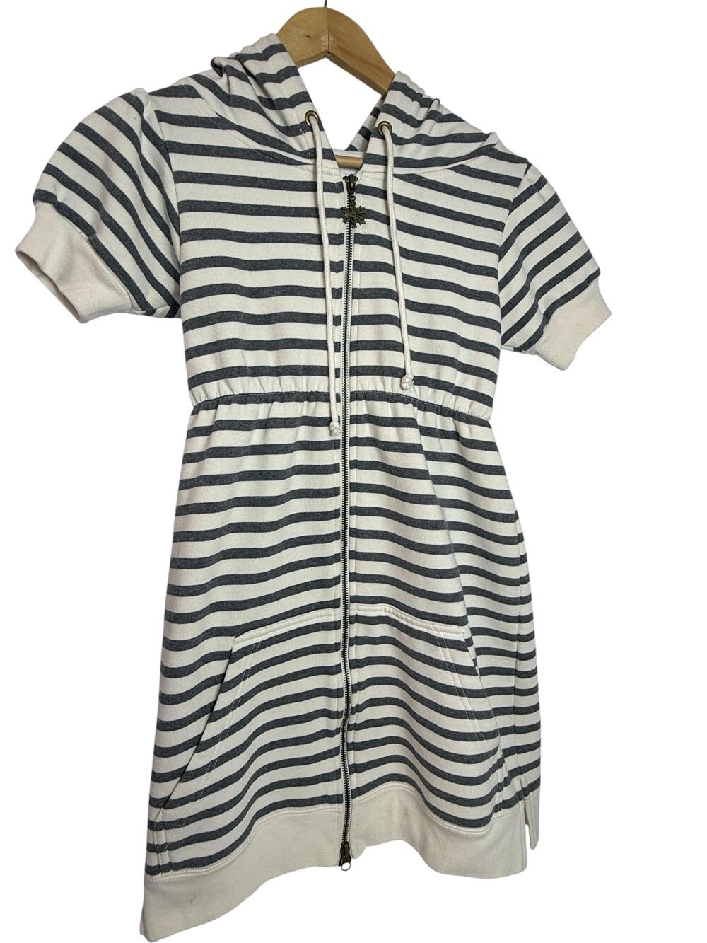 Free People Dress Womens XS White Gray Striped Hooded Zip Fleece Sweater